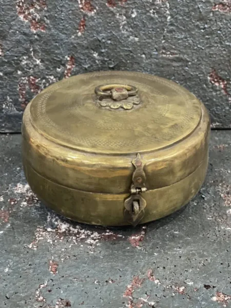 Antique Brass Round Chapati Bread Box Original Old Hand Crafted Engraved, Indian Brass Bread Box, Brass Katordaan