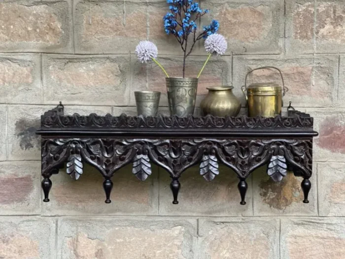 Carved Wooden Wall shelf, Vintage Style Rustic Finish Wall Shelf Home Decor
