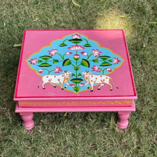 Indian wooden hand painted Chowki, bajot, low table, pichwai painted low coffee table, low dining table, Indian style hand painted table