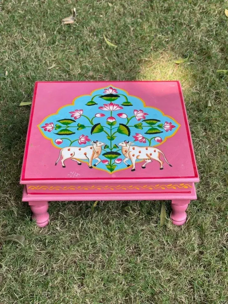 Indian wooden hand painted Chowki, bajot, low table, pichwai painted low coffee table, low dining table, Indian style hand painted table