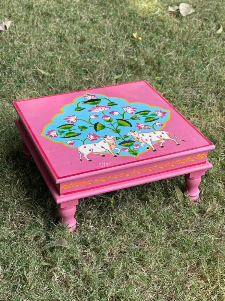 Indian wooden hand painted Chowki, bajot, low table, pichwai painted low coffee table, low dining table, Indian style hand painted table - Purana Darwaza
