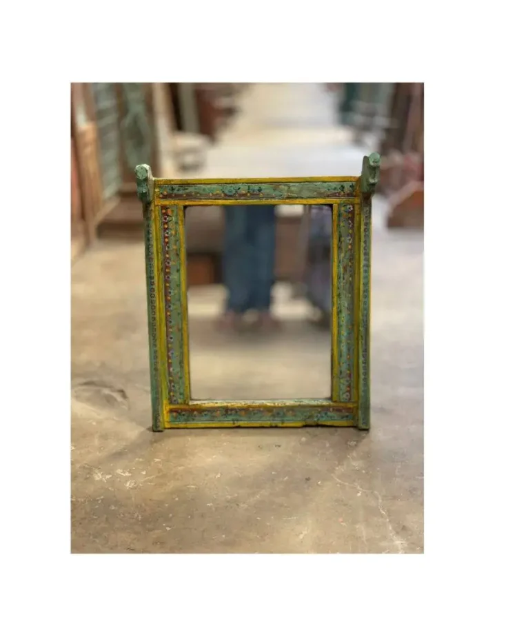 Vintage Teak Wood Hand Painted Mirror Frame, Vintage Distress Wooden Wall Panel, Indian Haveli Wall Mirror