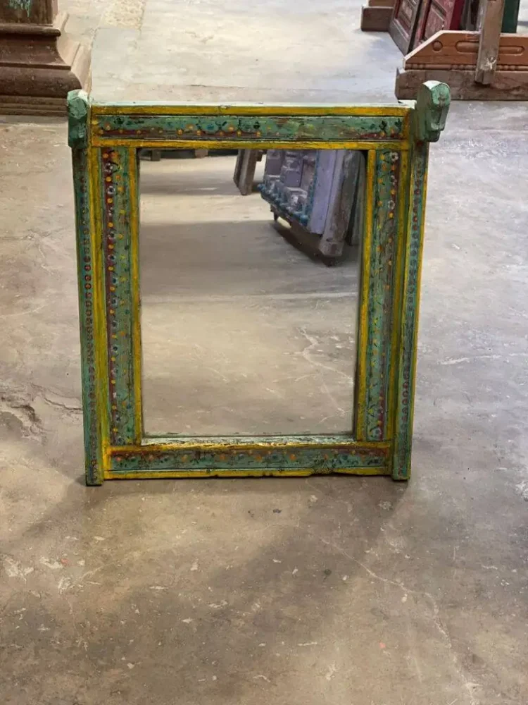 Vintage Teak Wood Hand Painted Mirror Frame, Vintage Distress Wooden Wall Panel, Indian Haveli Wall Mirror - Purana Darwaza