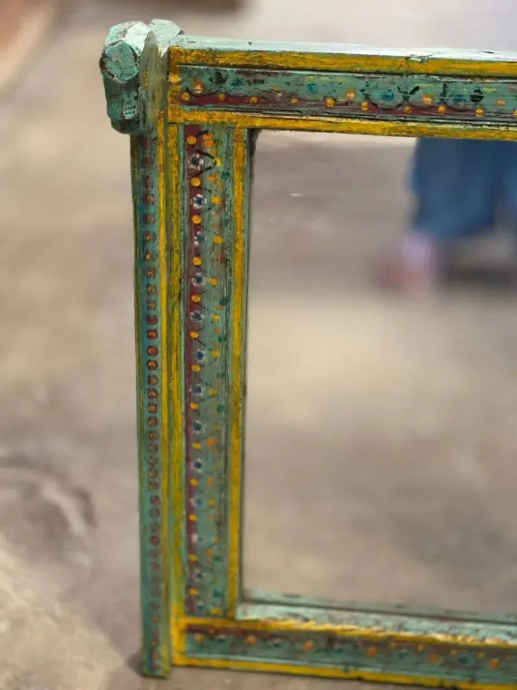 Vintage Teak Wood Hand Painted Mirror Frame, Vintage Distress Wooden Wall Panel, Indian Haveli Wall Mirror - Purana Darwaza