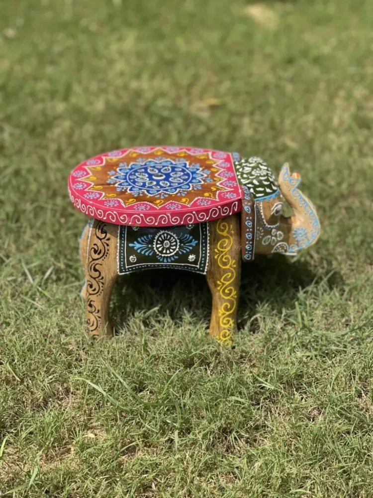 Wooden carved elephant table, hand painted low Indian table, wooden embossed table
