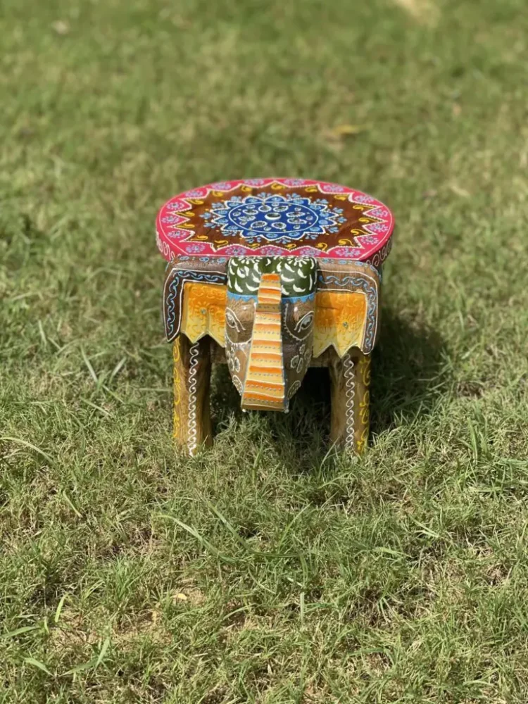 Wooden carved elephant table, hand painted low Indian table, wooden embossed table - Purana Darwaza