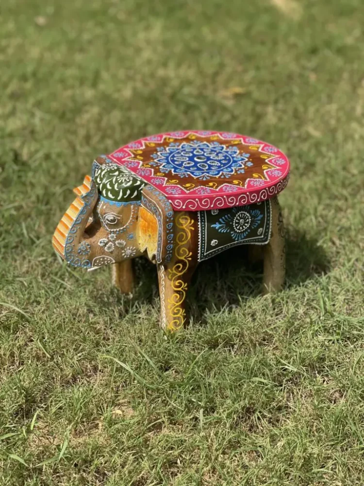 Wooden carved elephant table, hand painted low Indian table, wooden embossed table - Purana Darwaza