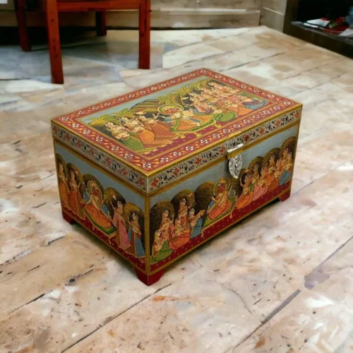 Indian Vintage hand painted wooden box with painting of Indian gods, Vintage wooden storage chest