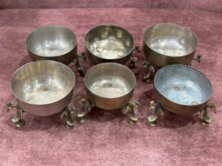Katori Vintage brass bowl set of 6, Indian brass Katori on stand, vintage brass katori - Purana Darwaza