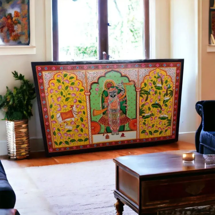Divine Majesty - Hand-Painted Pichwai of Lord Shrinathji Amidst a Floral Tapestry (8ft x 5ft) - Purana Darwaza