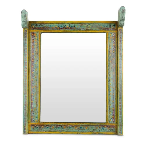 Vintage Hand-Painted Wooden Mirror Frame with Carved Horse Faces
