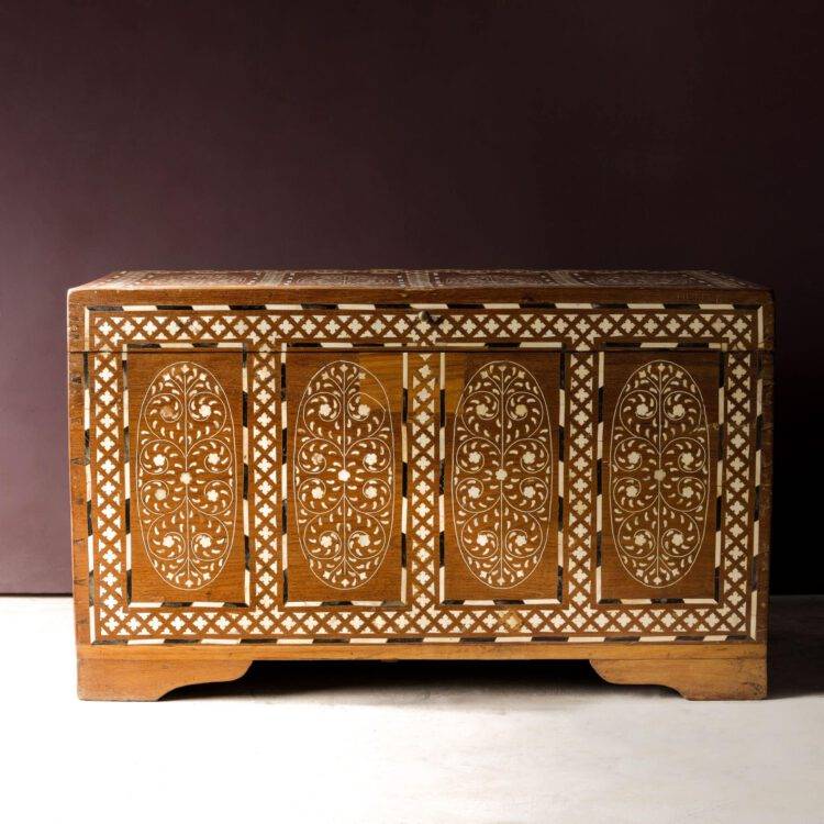 Teak Wood and Bone Inlay Dowry Chest, Blanket Box, Box Coffee Table, Center Table, Wedding Trunk Box - Purana Darwaza