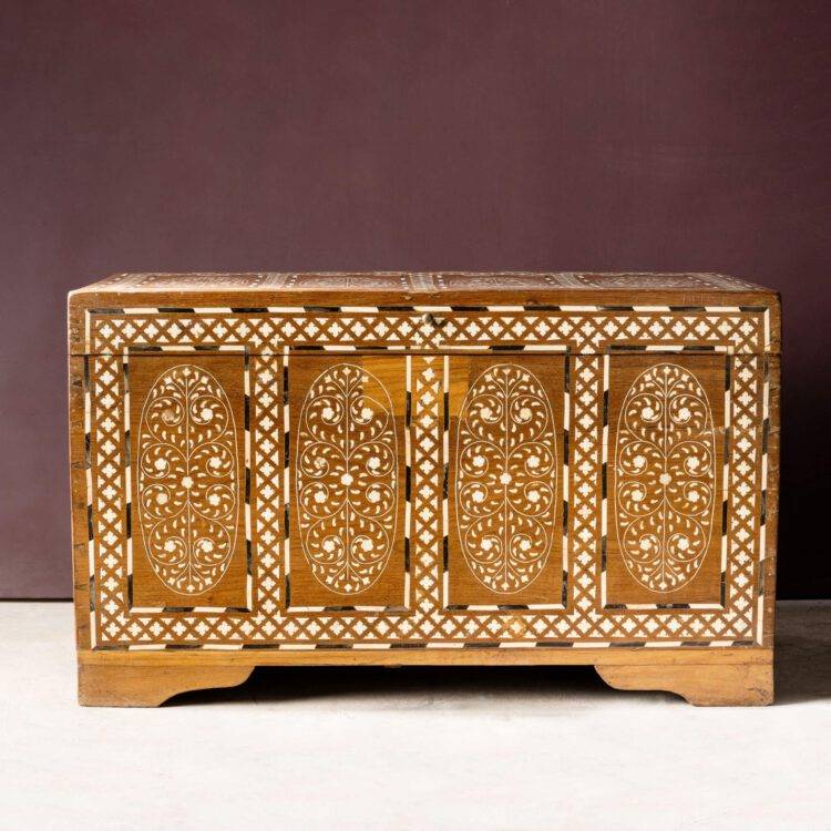 Teak Wood and Bone Inlay Dowry Chest, Blanket Box, Box Coffee Table, Center Table, Wedding Trunk Box - Purana Darwaza