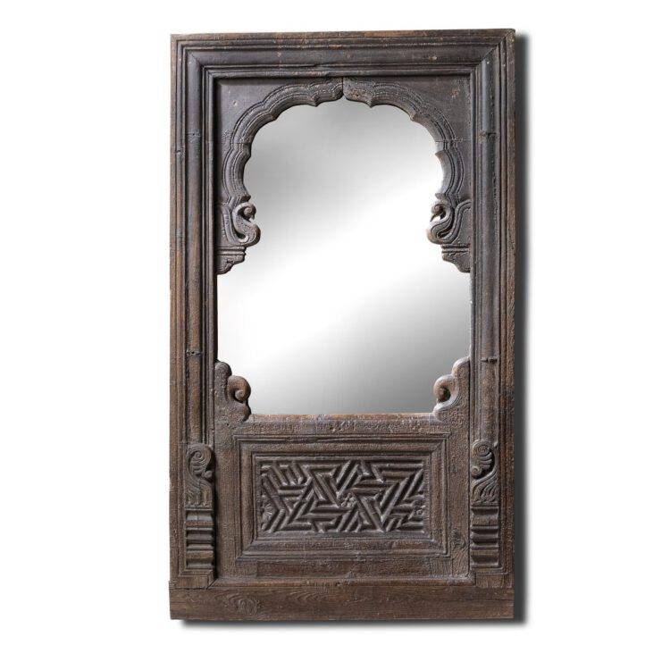 Vintage Teak Wood Life Size Mirror Frame, Vintage Distress Wooden Wall Panel, Indian Haveli Wall Mirror - Purana Darwaza