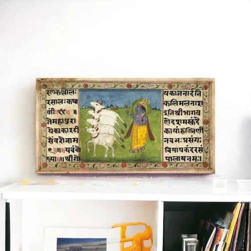 Gopal The Cowherd - Antique Manuscript Miniature Poster in Vintage Teak Wood Frame