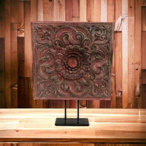 Sushma Vintage Carved Wooden Panel on Iron Stand with Floral Motifs