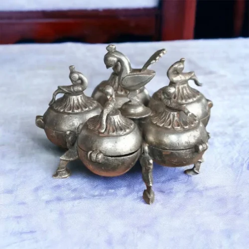 Vintage Brass Peacock Tikka Box with 5 Compartments