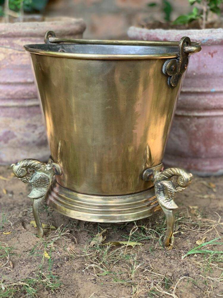 Brass Planter, Vintage Plant Pot Holder, Vintage Brass Bucket - Purana Darwaza