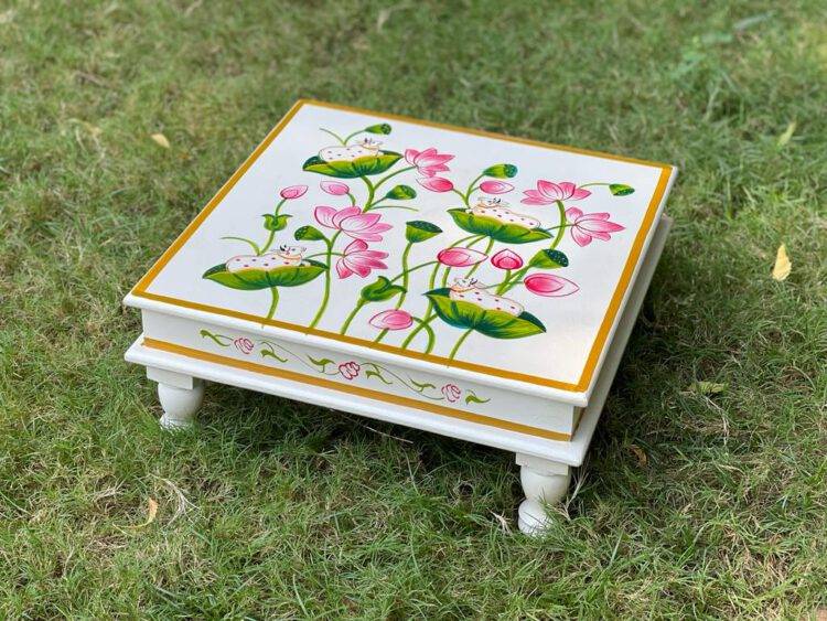 Indian wooden hand painted Chowki, bajot, low table, pichwai painted low coffee table - Purana Darwaza