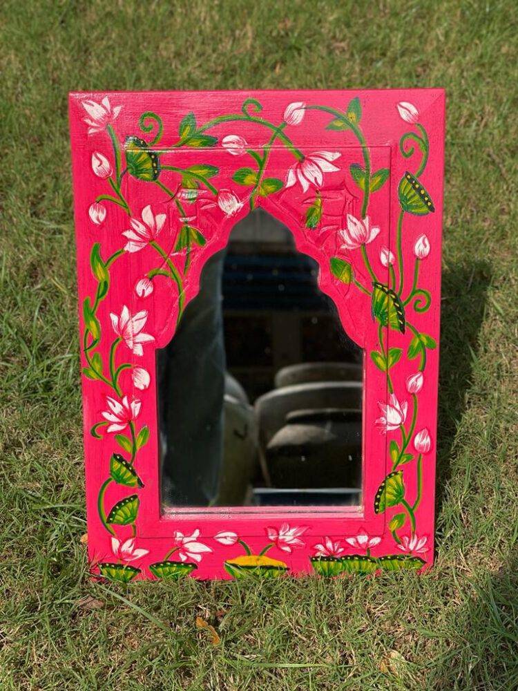Hand painted mirror frames, wooden wall mirror, bright coloured mirror frames, vanity mirror, pichwai style - Purana Darwaza