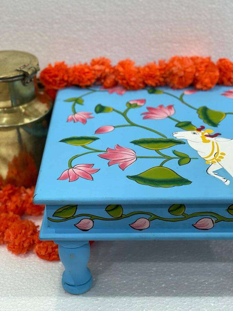 Indian wooden hand painted Chowki, bajot, low table, pichwai painted low coffee table, low dining table, Indian style hand painted table - Purana Darwaza