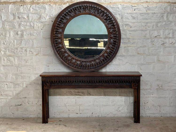 Distressed Hand Carved Wooden Vintage Inspired Entryway Console and Mirror Set - Purana Darwaza