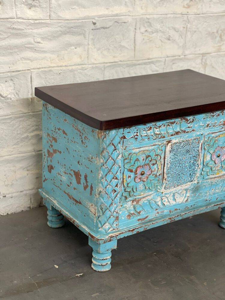 Ann Wooden Carved trunk box, coffee table chest - Purana Darwaza
