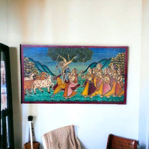Radha Krishna Hand Painted Wooden Wall Panel