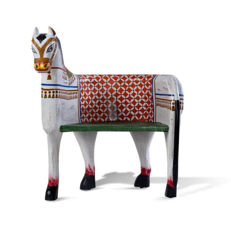 Wooden Horse Chair, Maharaja Indian Chair, Accent Furniture, Indian Chair, Chairs and Sofas, Vintage Look Hand Painted Horse Animal Chair - Purana Darwaza
