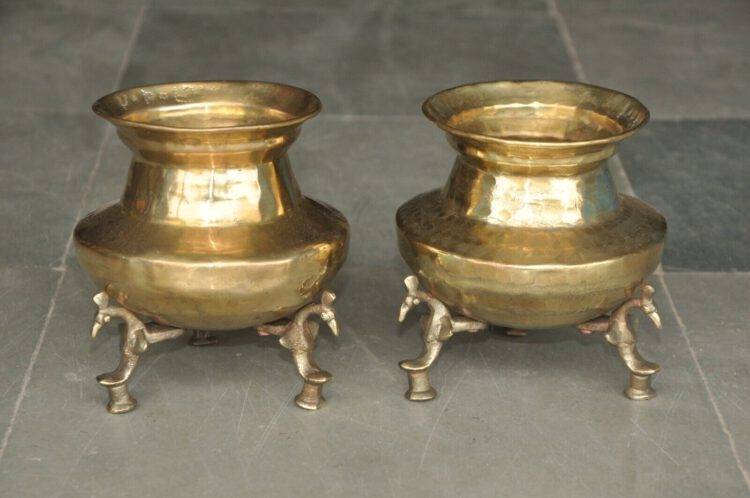 Vintage Brass Hammer Work Water Pots with Peacock-Crafted Stand: A Testament to Timeless Craftsmanship (60-70 Years Old) - Purana Darwaza